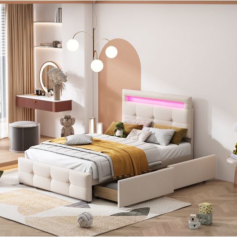 Cama individual 90/200 cm beige de lino con LED y 2 cajones (1/5)
