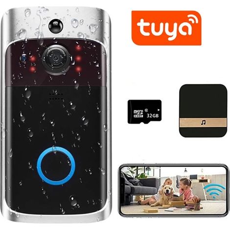 Sonnette sans fil WiFi avec caméra de sécurité – Vision nocturne – Détection de mouvement – Étanche – Alimentation par batterie – Pour maison moderne (1/5)