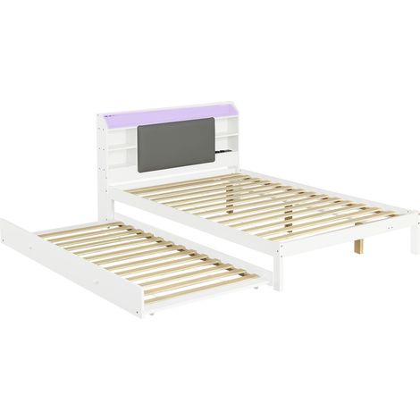 Cama de madera 120x200 cm con cama nido 90x190 cm, cabecero acolchado y LED (1/5)