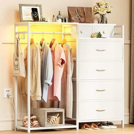 Blanc Commode Chambre avec et Tringle à Vêtements, LED et Prise (1/5)