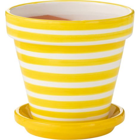 Cache pot rayé jaune en poterie peinte - jaune rayé blanc (1/4)