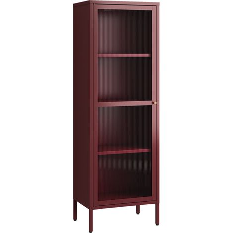 Armoire étagère meuble de rangement vitrée acier verre 150 x 50 x 35 cm rouge bordeaux (1/5)