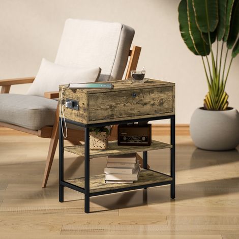 Mesa Auxiliar con Cajón y 2 Estantes con 2 Enchufes y 2 Puertos USB de Estilo Industrial 60x30x66,5 cm Marrón Rústico (1/5)