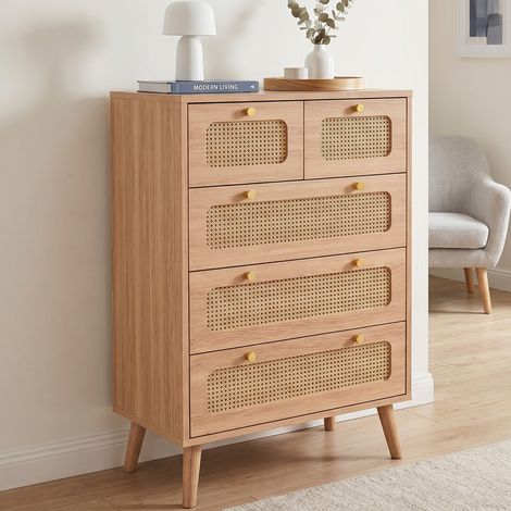 Commode avec 5 Tiroirs, 60x34x91cm, Meuble de Rangement, en Bois et Métal, Façades en Rotin, Style Naturel, Couleur Bois (1/5)