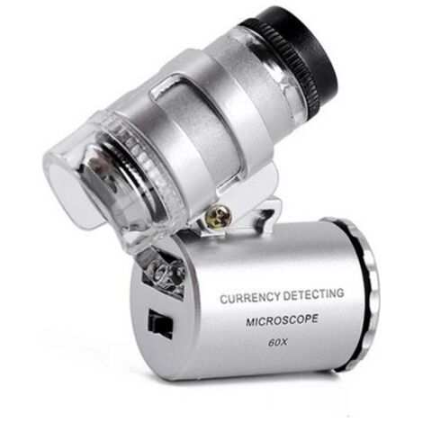 Mini microscopio de bolsillo, lupa de mano 60X, joyero Tragbar, lámfür de aumento LED plateada (1/4)