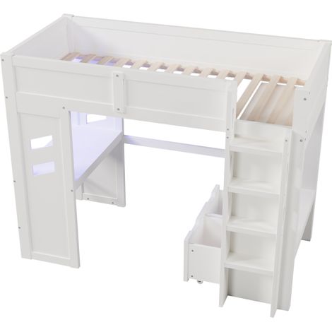 Lit mezzanine 90x200 cm, lit gaming avec bureau, éclairage LED, 1 port USB, 1 port Type-C, échelle, bureau, tiroir, étendoir, sans matelas, blanc (1/5)