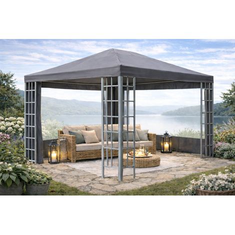 Metall Pavillon 3x4m Silver mit 2 Seitenteilen mit Fenster Garten Partyzelt Anthrazit