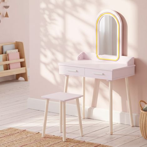 Coiffeuse Enfant en Bois avec Miroir LED 3 Couleurs, Tabouret, Tiroir et Plateau Spacieux, 60x36x100cm, 3 à 8 Ans, Rose (1/5)
