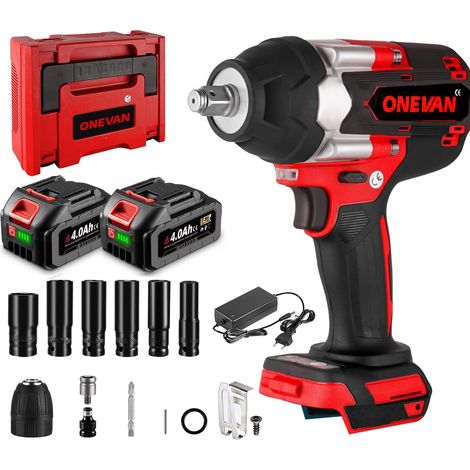 Clé à Chocs Sans Fil 1000 Nm 1/2", Sans Balais, avec 2 Batteries 3 Vitesses avant/2 arrière, Arrêt automatique, 2700 ipm Fréquence, 3 s Desserrage écrous, Réparation auto, Montage lourd (1/5)