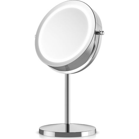 Miroir de maquillage éclairé à LED 8" - Miroir sur pied double face avec grossissement normal/5x - Miroir rond éclairé pour le maquillage et le rasage - Rotation à 360°
