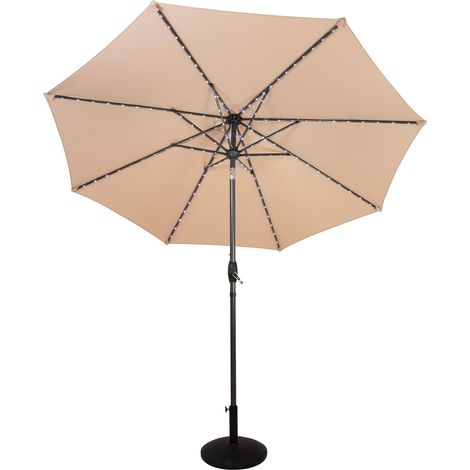 Parasol Inclinable Beige à LED Solaire 2,7 m & Socle en Béton Jardin Terrasse Extérieur Protection Aux UV Manivelle Ajustable 128 Ampoules LED Blanc Froid 8 Baleines [Housse de Pluie INCLUS]