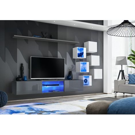 Ensemble meuble TV mural Switch XXI - L 240 x P 40 x H 120 cm - Gris et blanc - Livraison gratuite
