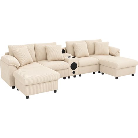 Modulares U- oder L-Sofa aus beigem Kordvelours mit Bluetooth-Lautsprecher und Konsole (1/5)