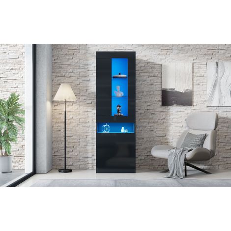 Vitrine équipée de lumières LED. Vitrine fixe, vitrine à rangement. Meuble de séjour en couleur noire. Vitrines LED pour le salon de vie. Meubles LED pour les pièces à vivre. Comptoirs et meubles LED. (1/5)