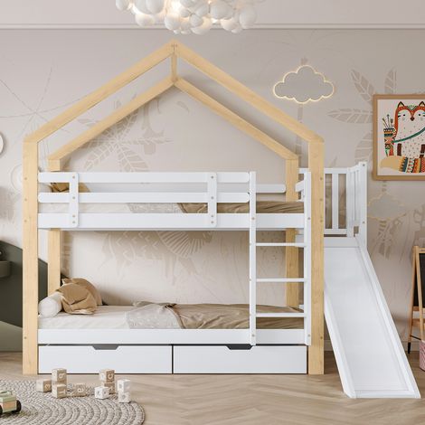Fortuna Lai – Lit superposé 90x200 cm – lit cabane avec toboggan et échelle sécurisée à 3 marches – 2 tiroirs – cadre en pin blanc et naturel (1/5)