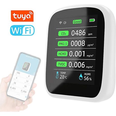 Tuya WLAN-fähiges tragbares Luftqualitätsmessgerät 8in1 PM1.0 PM2.5 PM10 CO2 TVOC HCHO Temperatur und Luftfeuchtigkeit