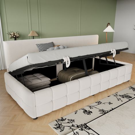 Letto contenitore per bambini 90x200 cm, divano letto con contenitore idraulico, testiera senza braccioli, motivo a quadri, velluto beige