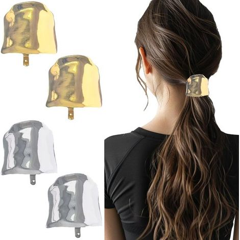 Ensemble de 4 élastiques à cheveux - Pince à cheveux en métal - Attache haute - Accessoire pour cheveux femme - Solide et sécurisée, convient aux cheveux longs - Or et argent (1/5)