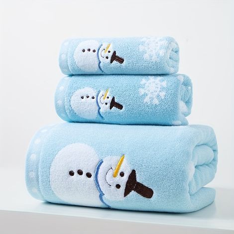 Ensemble de 3 serviettes de bain de Noël brodées à motif bonhomme de neige, 100 % coton, 1 serviette de bain + 1 serviette pour le visage + 1 serviette pour les mains, douces et à séchage rapide.(BR) (1/5)