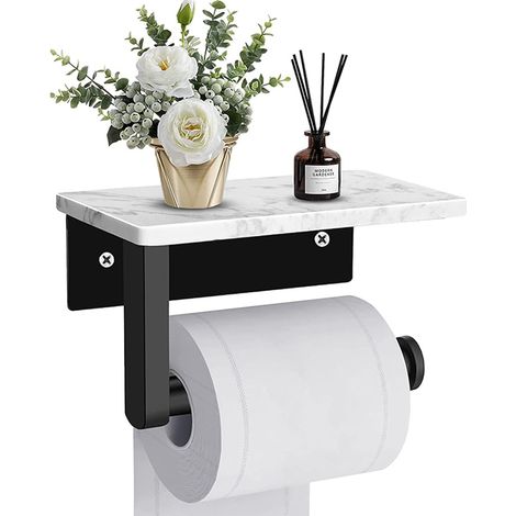 Portarrollos de papel higiénico con estante de mármol - Acero inoxidable - Negro mate - Con estante para baño
