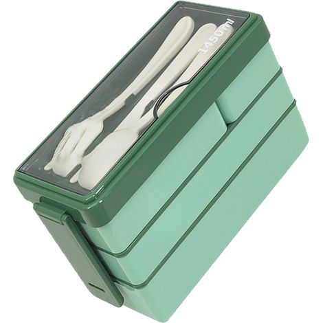 Boîte à lunch Bento pour adulte, empilable, à 3 niveaux et 4 compartiments, idéale pour le travail, l'école et les pique-niques (vert). (1/5)