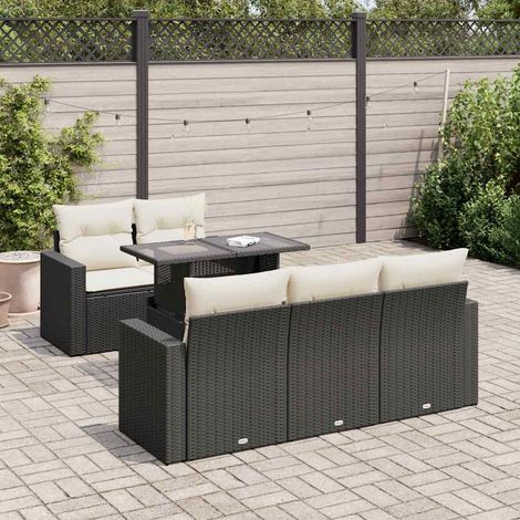 Salon de jardin 6 pièces avec rangement, résine tressée noire et coussins blanc crème - PANGIVO (1/5)