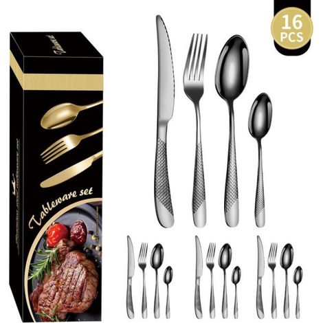 Coffret cadeau de 16 couverts en acier inoxydable (couteau, fourchette, cuillère), idéal pour les repas occidentaux - noir (1/2)