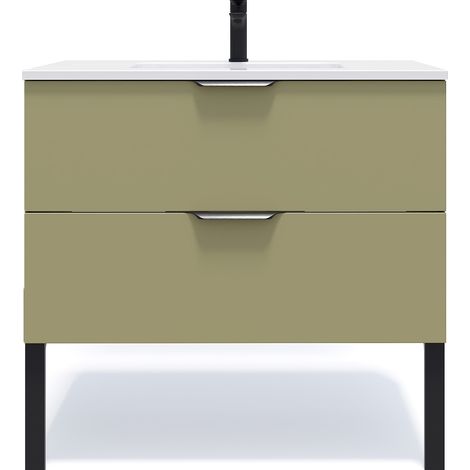 Meuble de salle de bain suspendu vasque intégrée 90cm 2 tiroirs Vert olive - Soho (1/5)