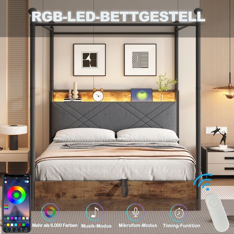 Lit double en métal forgé 140x190 cm, sommier relevable hydraulique avec espace de stockage, baldaquin en fer forgé, poteaux démontables avec éclairage LED et ports USB/Type-C, lit adulte et enfant, c (1/5)