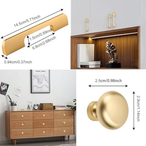 Lot de 4 poignées de porte de cuisine, bouton de 145 mm, poignée de porte dorée, bouton de porte avec 6 vis, boutons de porte pour placards, bouton de tiroir carré et rond (1/3)