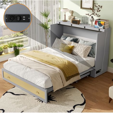 Letto pieghevole verticale 140x200 cm con cassetti ai piedi, porte USB e presa elettrica, senza materasso, grigio (1/5)