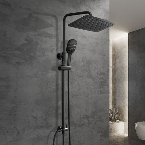 Görbach Duschsäule ohne Armatur Schwarz matt – XXL Regendusche rechteckig 35x25 cm – Handbrause mit 3 Strahlarten – Verstellbare Halterung – Wandmontage – Wassersparend