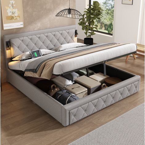 REDOM - Cama doble 180x200 cm iluminación LED y puertos USB, cabecero tapizado con motivo de rombos, lino gris(Sans matelas) (1/5)