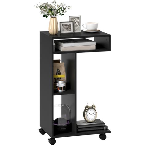 Beistelltisch C-Form Nachttisch mit 4 Regalen, Rollen, Couchtisch, Wohnzimmertisch Laptoptisch für Wohnzimmer Schlafzimmer 40 x 30 x 69 cm Schwarz