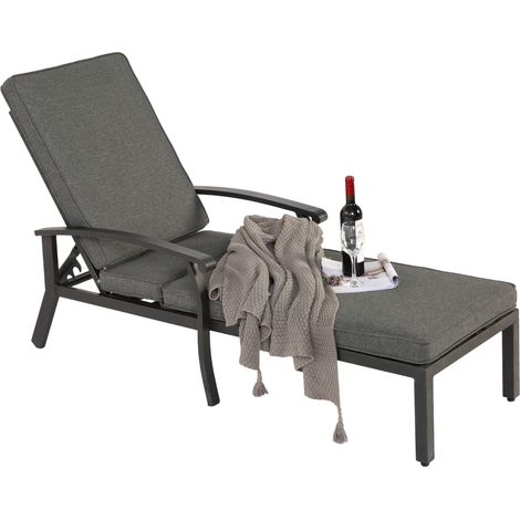 Poltrona da lounge patio con cuscino in cotone, chaise longue regolabile in alluminio resistente alla ruggine per piscina, cuscino grigio impermeabile (1 pezzo) (1/5)