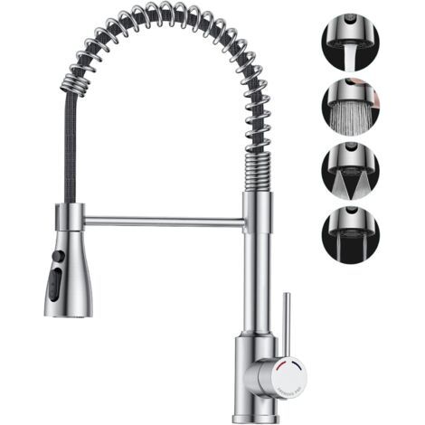 Kitchen Mixer Tap with Pull-Out Spray Head, Stainless Steel Kitchen Sink Faucet, 360° Swivel Spout, 4 Spray Patterns, High Arc Spout for 1-Hole Kitchen Sink (1/5)