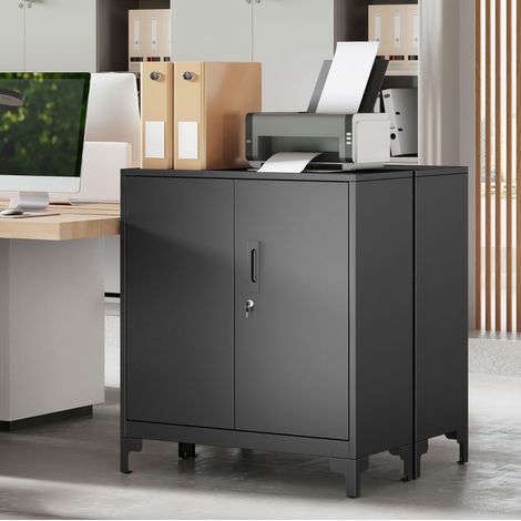 Armadio ufficio in metallo, chiudibile, 2 ripiani, 80 x 35 x 91 cm, nero (1/5)