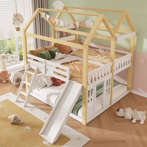 Lit Mezzanine Enfant 90x200 cm, Forme Maison, Toboggan et Échelle Réversibles, Espace Jeu, Barrière de Sécurité, Pin et MDF, Blanc et Naturel (1/5)