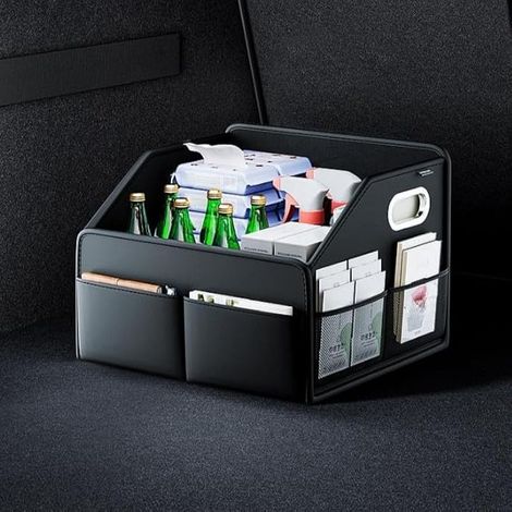 Organiseur de coffre pliable de grande capacité 22,5 L en cuir de qualité supérieure avec poignées latérales pour voyage en plein air, noir (1/4)