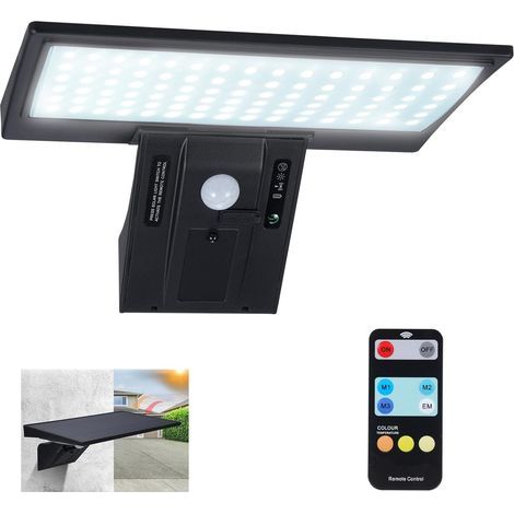 Lampes solaires d'extérieur 90 LED avec détecteur de mouvement, lampe murale solaire de sécurité 6000 K, étanche IP65, lampes solaires avec télécommande et 4 modes pour terrasse, cour, (1/5)