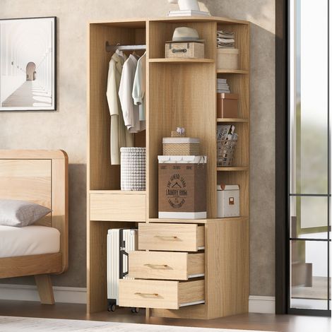 Armario ropero 70x55x175 cm con estantes, cajones y barra para colgar, almacenaje versátil, MDF - madera (1/5)