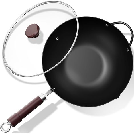 32 cm Carbon Steel Wok with Lid, Wooden and Steel Handles, for Cooking Asian Dishes for 3 to 5 People – Flat Bottom (1/5)