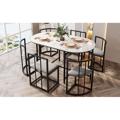 Ensemble de salle à manger moderne avec table blanche et 6 chaises à dossier, assises grises et structure en métal noir (1/5)