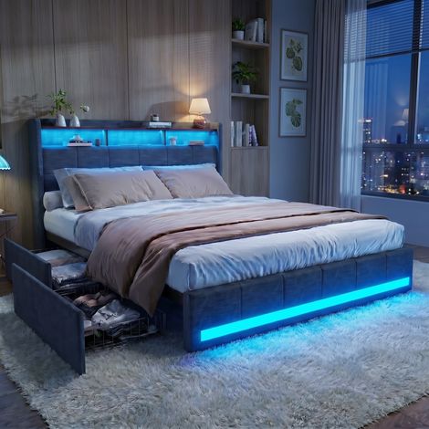 Lit avec tiroirs 180x200 cm - avec éclairage led rgb, sommier à lattes, ports usb,type-c - style moderne,tissu,lin - gris (1/5)