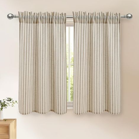 Lot de 2 rideaux en résille aspect lin court à rayures taupe H 120 x l 60 cm - Rideaux de cuisine - Rideau de bistrot moderne avec tringle - Style maison de campagne - Rideau de placard (1/5)
