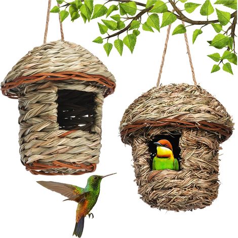 2 Pièces Nichoirs à Oiseaux Sauvages, Nichoir à Suspendre, 100% Nichoir Oiseaux Tissé à la Main, pour Mésanges Charbonnières, Rouges-Gorges, Moineaux, Pinsons Zébrés et Autres Oiseaux, 15x14CM (1/5)