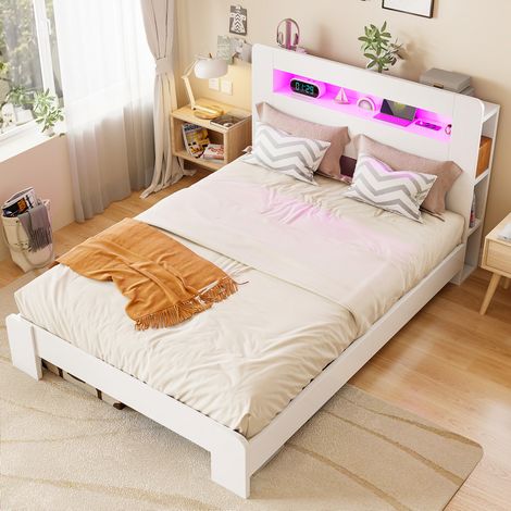 Estructura de cama 140x200 cm blanca de madera con cabecero de almacenaje, LED y enchufes (1/5)