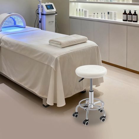 Rollhocker 33cm Sitz rund bis 150 kg, Drehhocker Höhenverstellbar 44-57cm Rundhocker Praxis-Hocker und Arbeitshocker Polster Sitz Rund Hocker mit Rollen (Weiß)