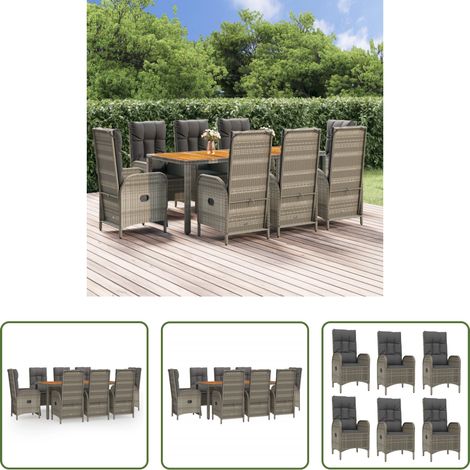 Gartentisch - 9-tlg. Garten-Essgruppe mit Kissen Grau Poly Rattan (1/5)