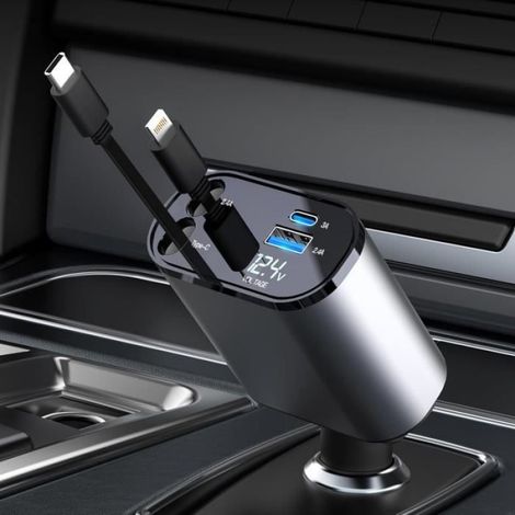 Chargeur Voiture Rétractable - 4-en-1 - 60 W - 2 Câbles Intégrés Type-C/Lightning - 1 Port USB 5V/2,4 A + 1 Port USB-C 5V/3 A - Pour Voiture (1/4)